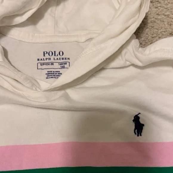 Polo by Ralph Lauren White Hoodie with Pink, Green, and Navy Stripes - Picture 1 of 4
